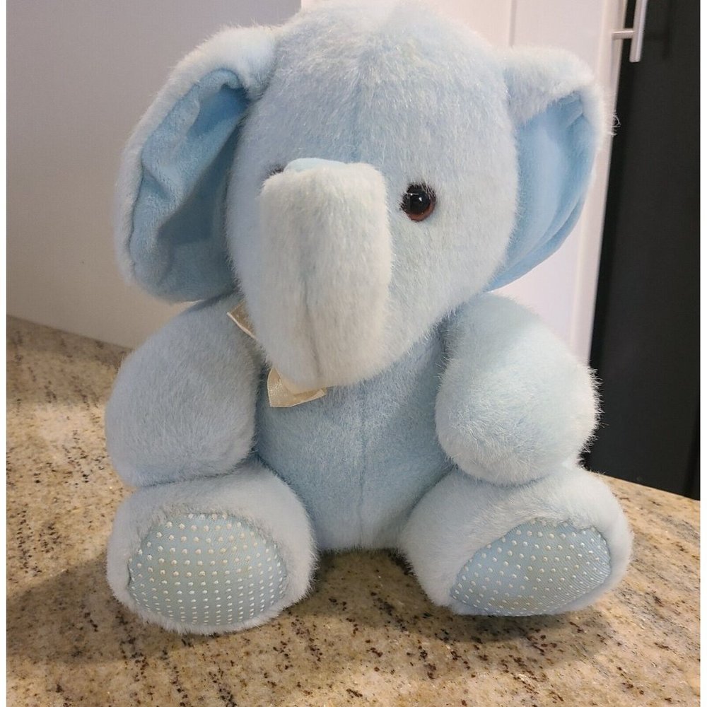 Vintage 90s Dakin Blue Elephant Plush Rattle Zoo Circus Safari Stuffed Animal